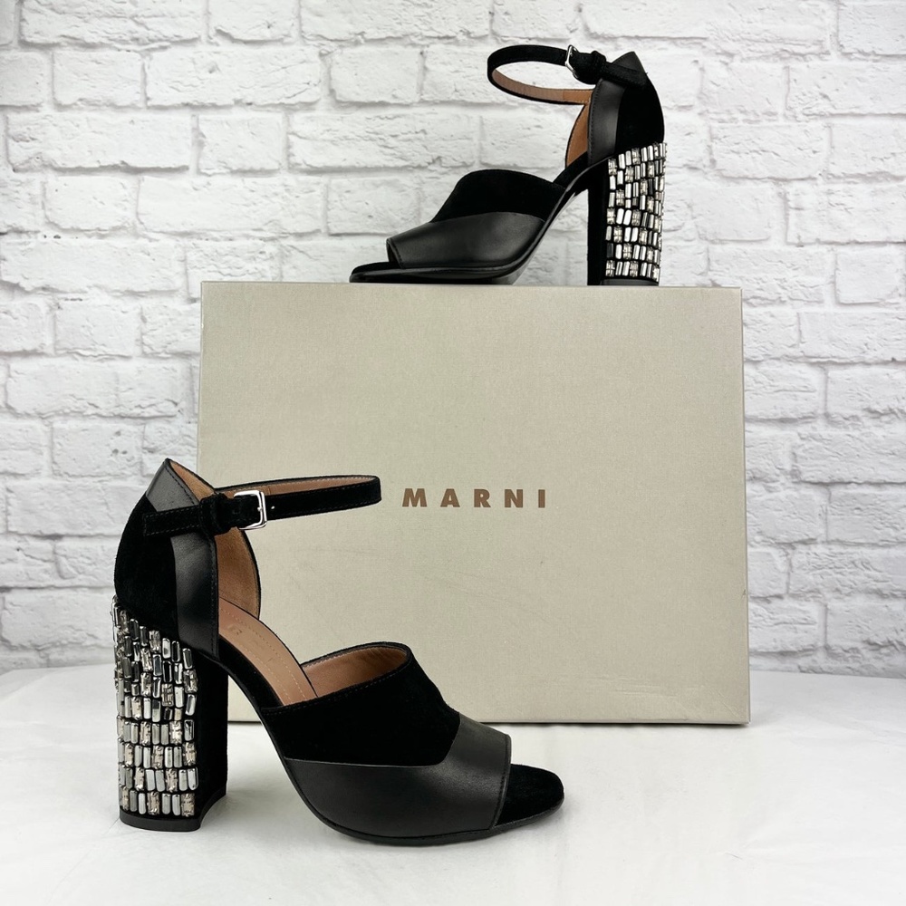 New Marni Black Leather and Suede Ankle Strap Heels w/Large Crystal Detail Sz 37